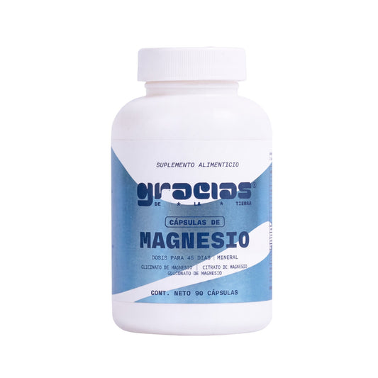 Frasco de suplemento Gracias de la Tierra con 90 cápsulas de magnesio para el descanso y equilibrio nervioso