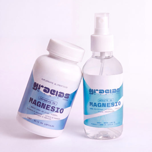 Kit de suplementos Gracias de la Tierra con frasco de cápsulas de magnesio y spray de aceite de magnesio