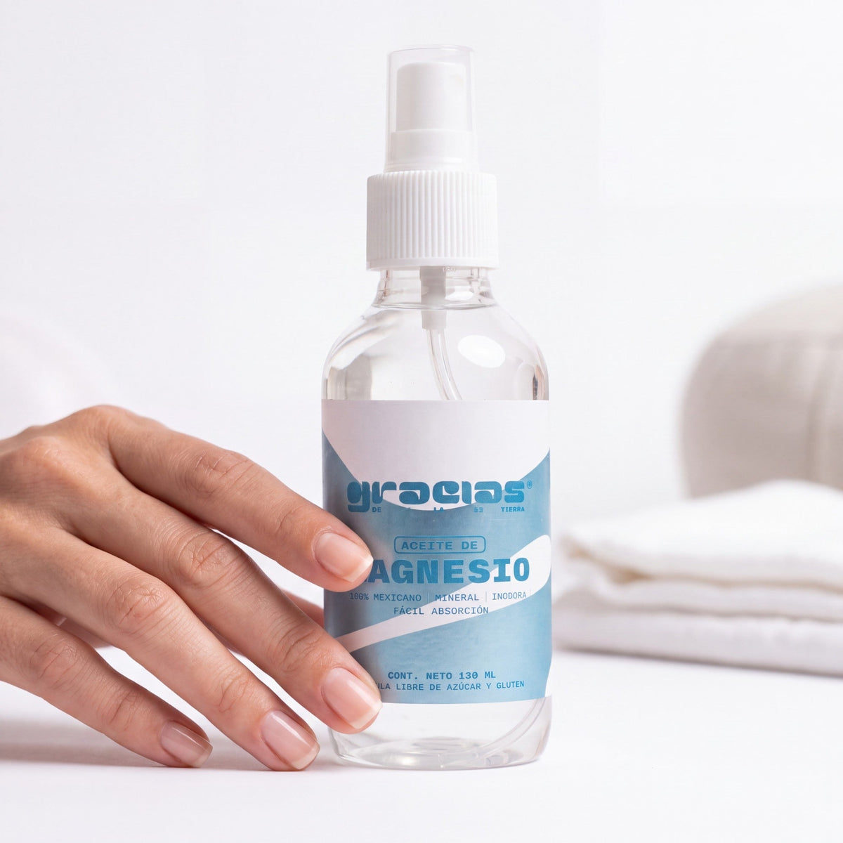 Aceite de Magnesio Gracias de la Tierra en envase spray de 130 ml para relajación muscular y alivio de tensiones