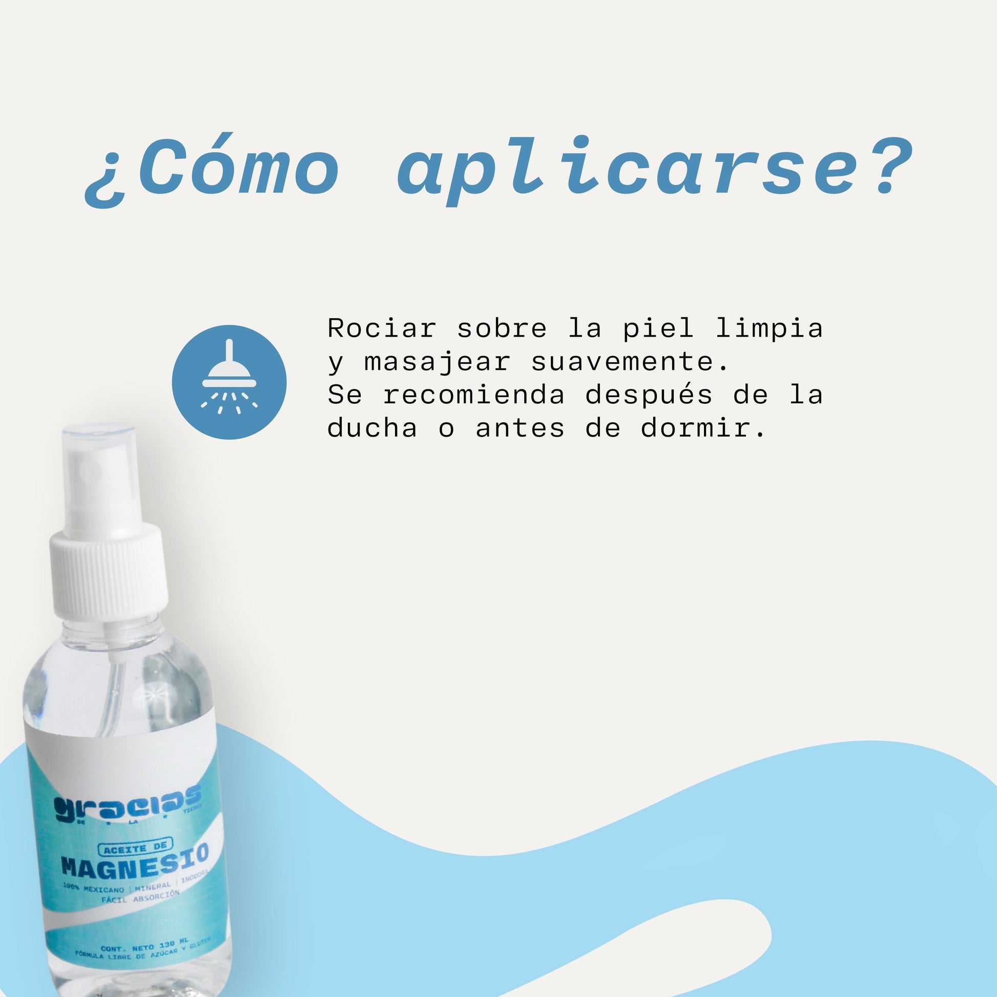 Botella de spray con aceite de magnesio Gracias de la Tierra con instrucciones de aplicación sobre fondo azul