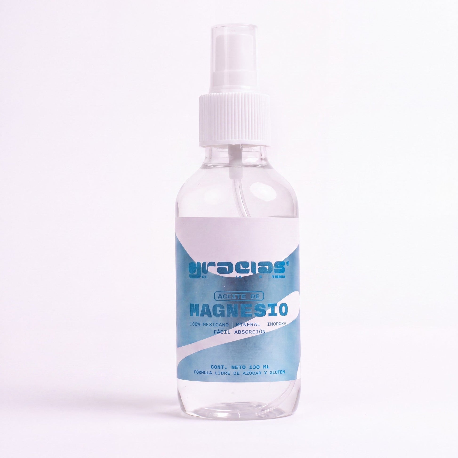 Aceite de Magnesio en spray de Gracias de la Tierra, envase de 130 ml para alivio muscular y relajación corporal.