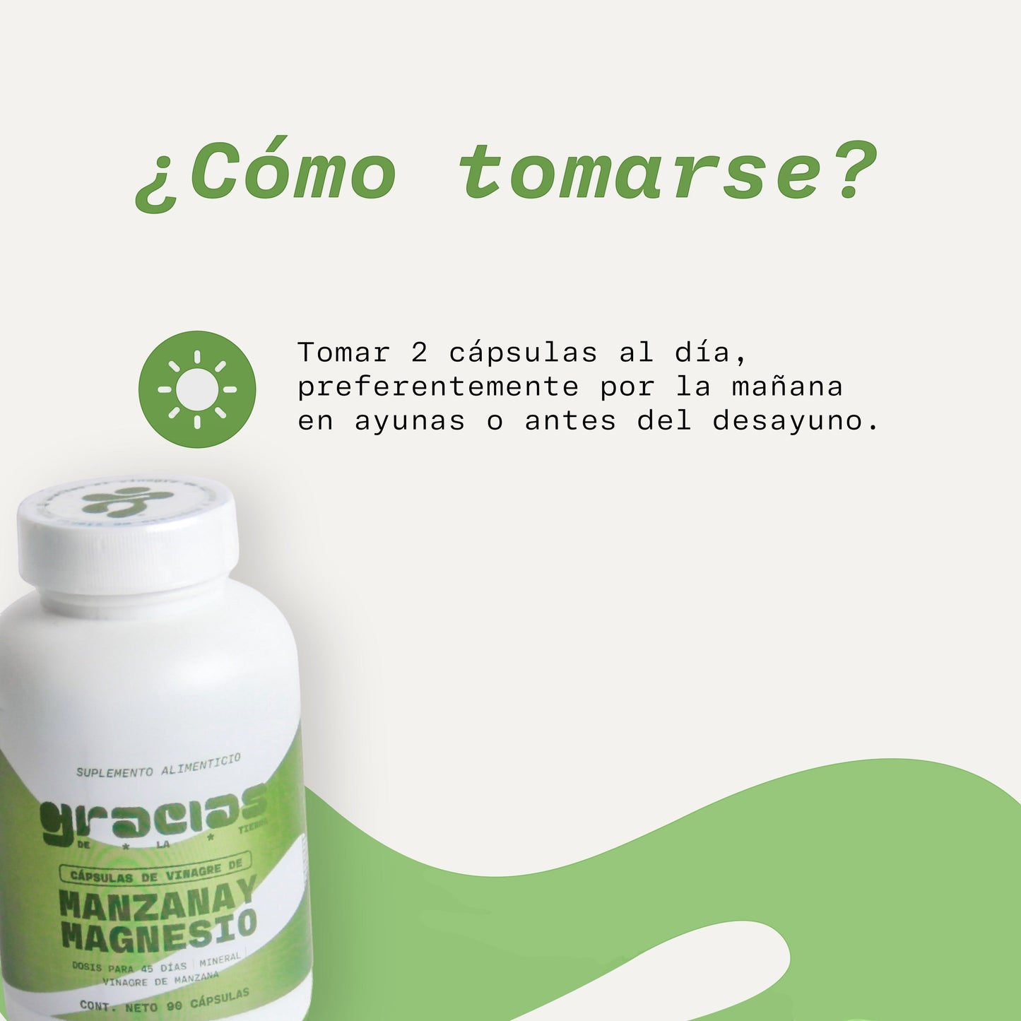 Frasco de cápsulas de vinagre de manzana y magnesio Gracias de la Tierra con instrucciones de uso en fondo verde