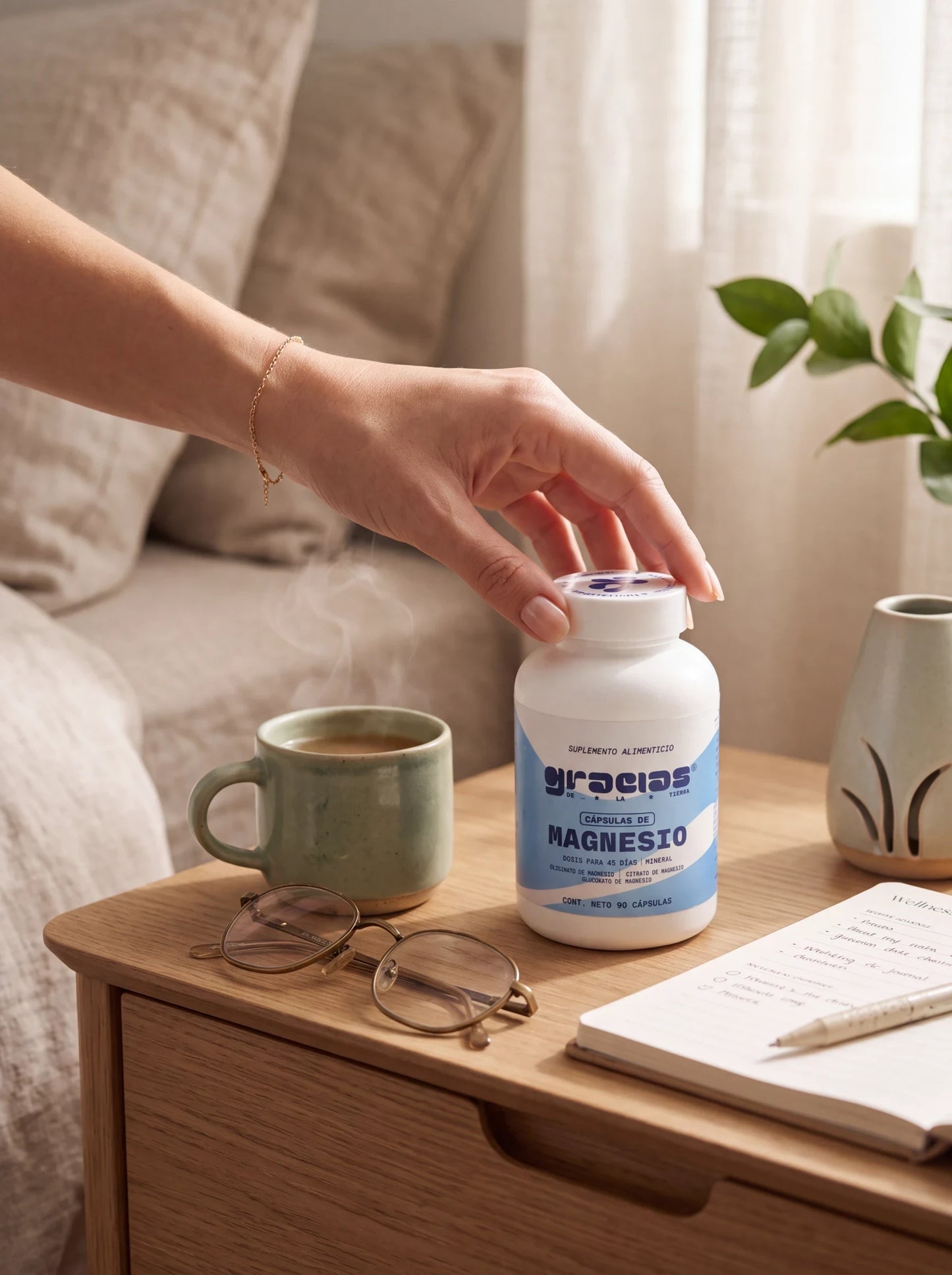 Frasco de cápsulas de magnesio Gracias de la Tierra sobre una mesa de madera junto a una taza de café y notas