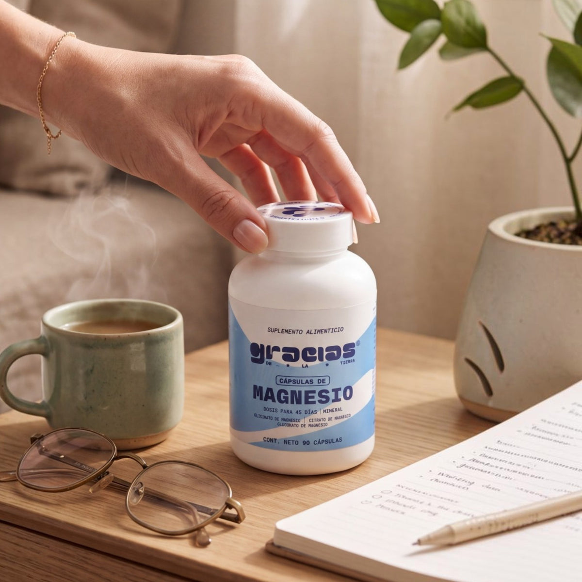 Frasco de Cápsulas de Magnesio Gracias de la Tierra sobre una mesa con una taza de té, gafas y notas de estudio.