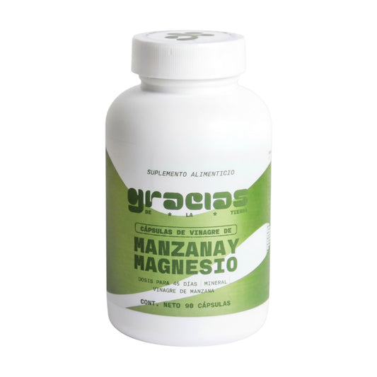 Frasco de Gracias de la Tierra con 90 cápsulas de vinagre de manzana y magnesio para la digestión y el metabolismo.