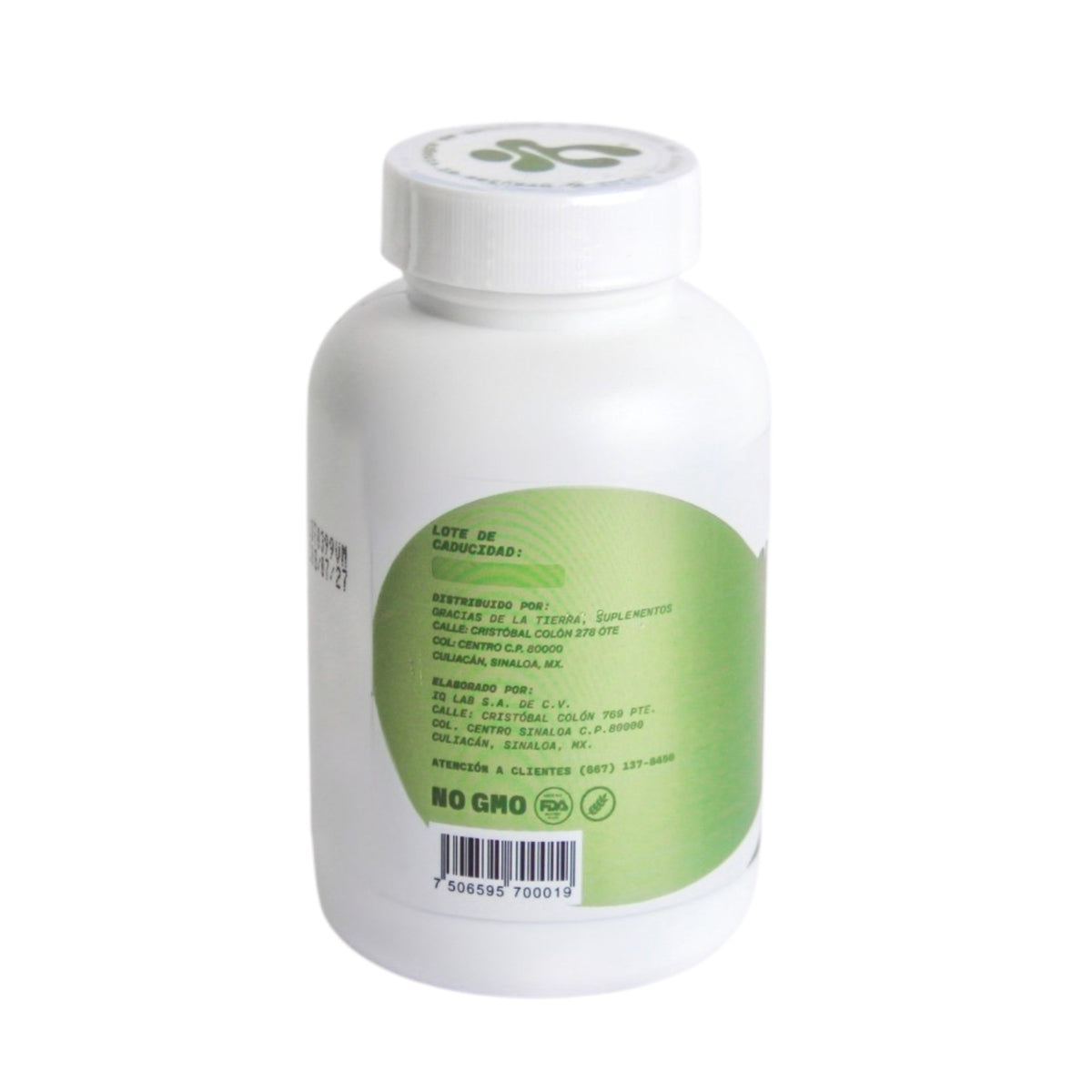 Frasco blanco de Gracias de la Tierra con cápsulas de vinagre de manzana y magnesio para la digestión