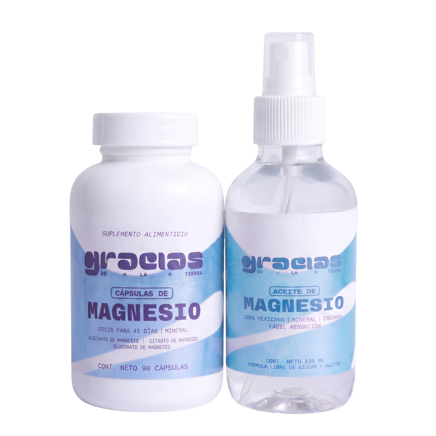 Kit de suplementos Gracias de la Tierra con frasco de cápsulas de magnesio y atomizador de aceite de magnesio