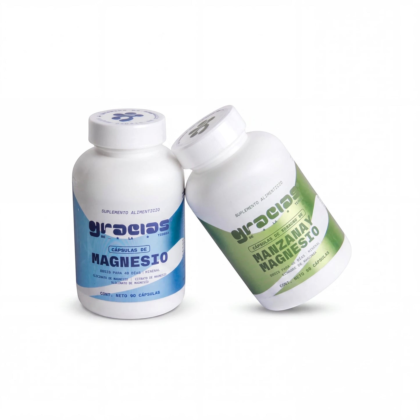 Kit de relajación Gracias de la Tierra con cápsulas de magnesio y vinagre de manzana en frascos blancos