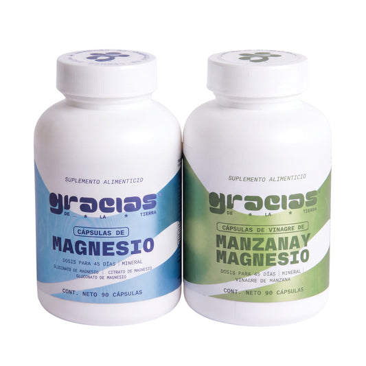 Kit de relajación Gracias de la Tierra con cápsulas de magnesio y vinagre de manzana en frascos blancos de 90 unidades