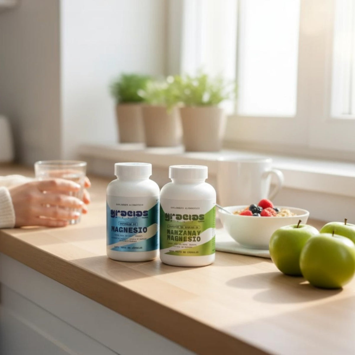 Kit de relajación Gracias de la Tierra con cápsulas de magnesio y vinagre de manzana sobre una mesa de madera.