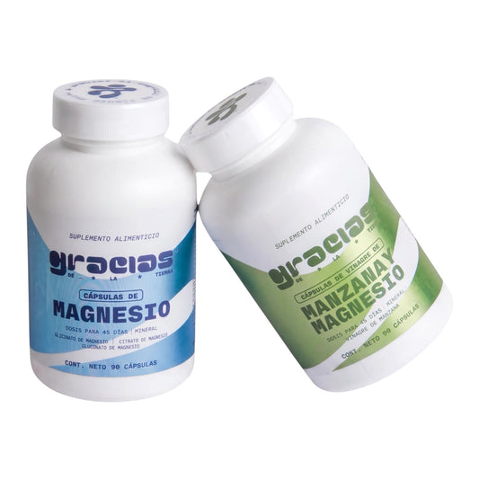 Kit de relajación Gracias de la Tierra con cápsulas de magnesio y vinagre de manzana en frascos blancos