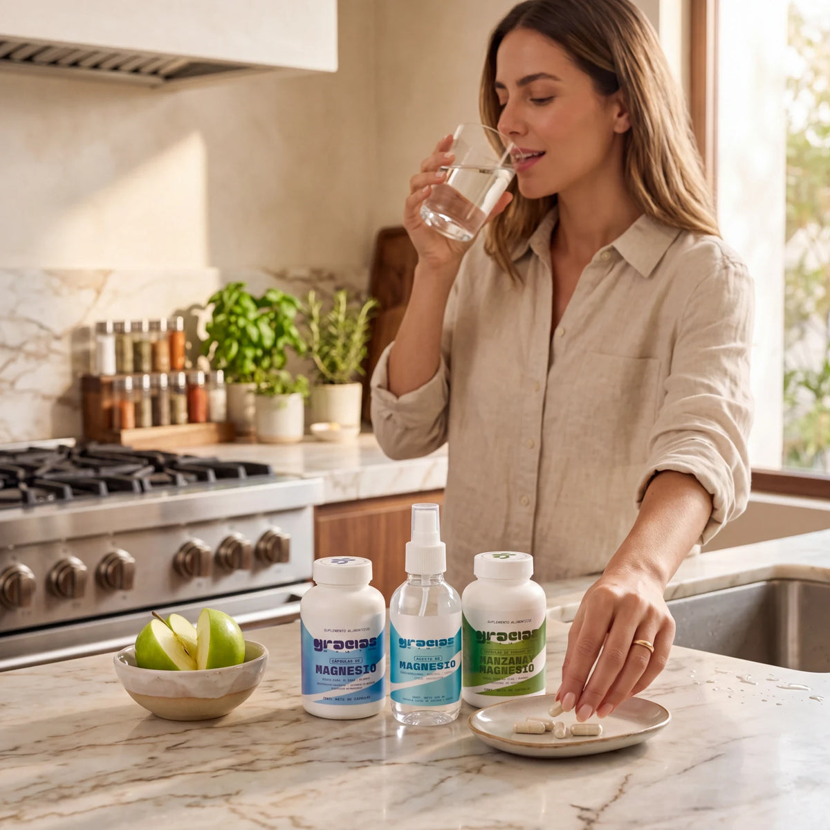 Mujer tomando suplementos Gracias de la Tierra en cocina con botes de magnesio y vinagre de manzana sobre encimera