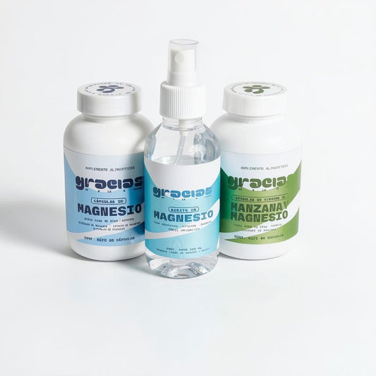 Kit de suplementos Gracias de la Tierra con cápsulas de magnesio, vinagre de manzana y aceite de magnesio en spray.