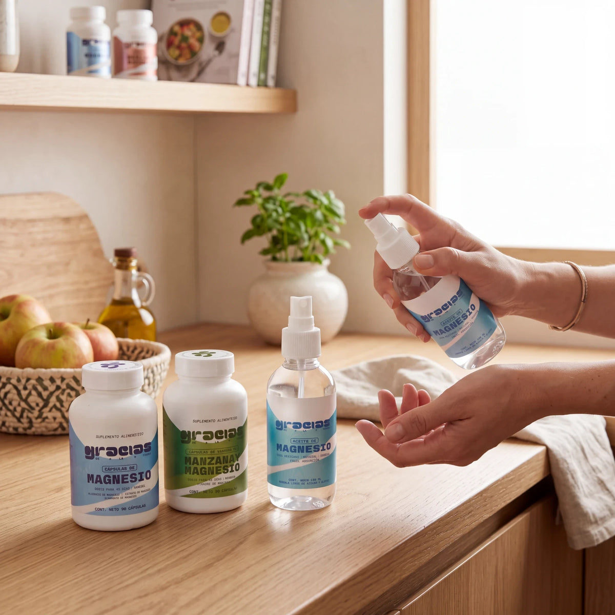 Kit de suplementos Gracias de la Tierra con cápsulas de magnesio, vinagre de manzana y aceite en spray para bienestar