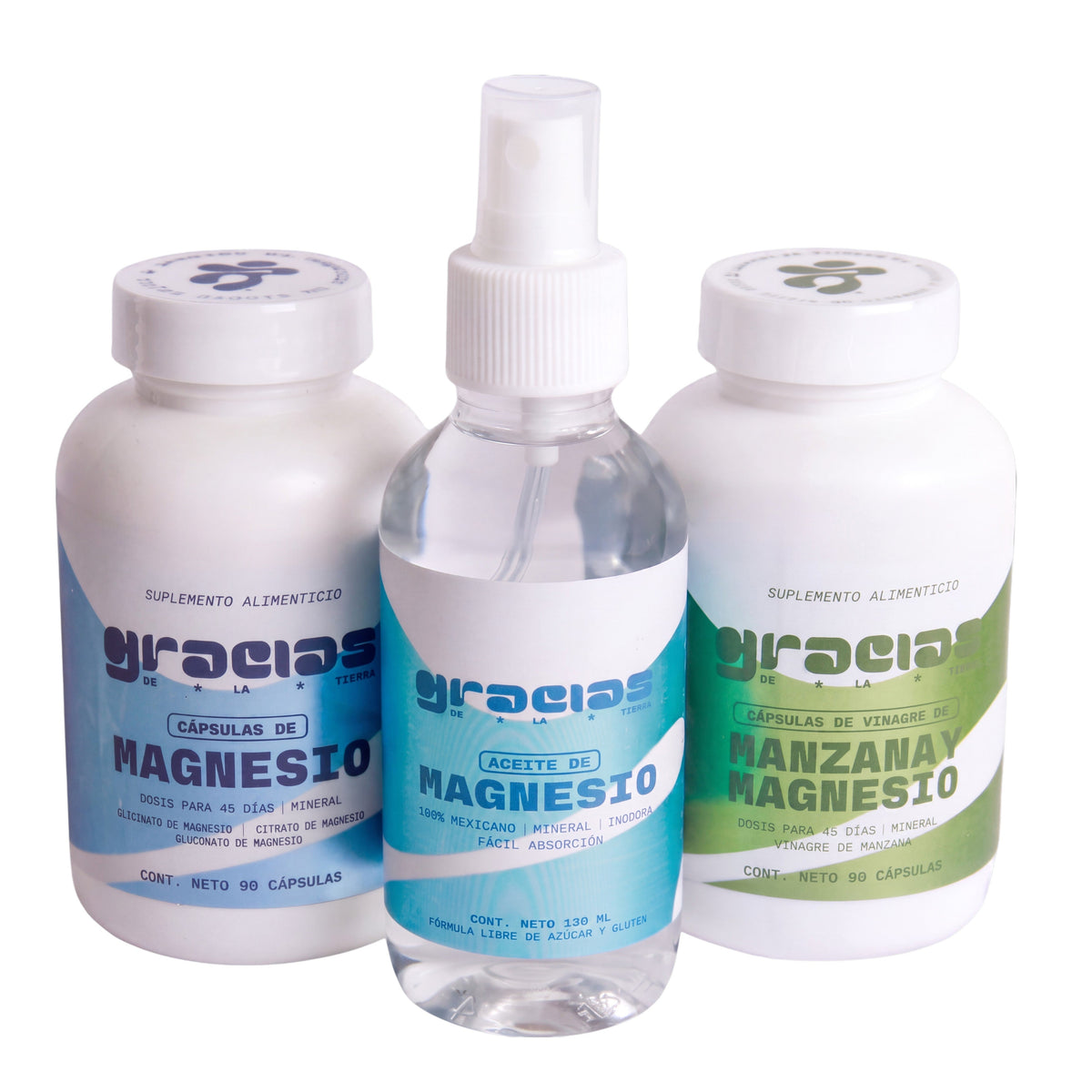 Kit completo de suplementos Gracias de la Tierra con cápsulas de magnesio, vinagre de manzana y aceite en spray