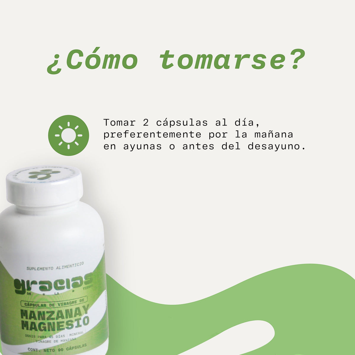 Frasco de suplemento Gracias de la Tierra con cápsulas de vinagre de manzana y magnesio sobre fondo verde